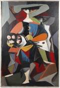 Roman Chatov 68 Oil Cubist Figure with Flowers