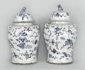 Massive pair of Chinese baluster form blue and white porcelain urns and covers 19th c