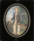 Oval watercolor portrait of a gentleman wearing a waist coat