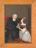 Oil on canvas interior scene with man and woman