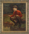 Oil on canvas of a young boy fishing