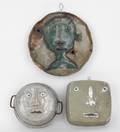 Three folk art pans and lids with punched faces