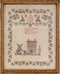 English silk on linen sampler with Georgian home in a landscape