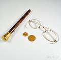 14kt Gold Cane Hilt a Pair of Spectacles and Two Gold Coins