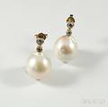 Pair of Baroque Pearl and Diamond Earrings