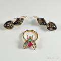14kt Gold Gemset Insect Earpendants and a 12kt Gold Gemset Fly Ring