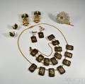 Japanese Shakudo Suite Coro Owl Brooches and Earclips and a Trifari Brooch