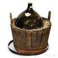Large Cotes de Rhone Green Glass Demijohn and a Staveconstructed Halfbarrel