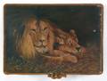 Oil on canvas of a lion and lioness