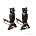 Cast Iron Owlform Andirons with Glass Eyes