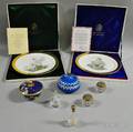 Two Boehm Bird Chargers Two Cloisonne Boxes and Four Glass Vanity Items