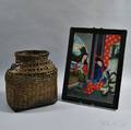 Framed Reversepainted Portrait of Two Geishas and a Basket