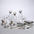 Liquor and Smoking Set Frankfurt early 20th century Posen maker monogrammed silvermounted glass items including three decanters
