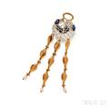 Whimsical Bicolor Gold Lapis and Cultured Pearl PendantBrooch