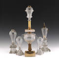 Six New England colorless glass whale oil lamps