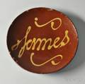 Redware Plate with Yellow Slip Inscription James