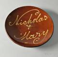 Large Redware Plate with Yellow Slip Inscription Nicholas  Mary