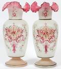 HAND BLOWN  PAINTED OPALINE GLASS VASES PAIR