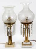 MARBLE GLASS  SPELTER CONVERTED OIL LAMPS TWO