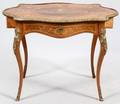 FRENCH PARLOR TABLE W INLAYS AND BRONZE MOUNTS