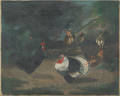 Oil on canvas landscape with roosters and a turkey