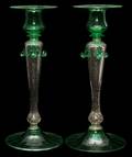 STEUBEN POMONA GREEN  MICA FLECK CANDLESTICKS