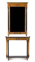 A Swedish Gustavian Style Parcel Ebonized and Gilt Console Table and Mirror