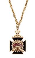 A Yellow Gold Diamond Garnet and Polychrome Enamel 32nd Degree Masonic Knights Templar Pendant