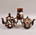 Two Bargeware Pottery Teapots and a Pitcher