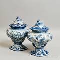 Pair of Italian Maiolica Blue and White Covered Urns