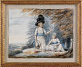 Watercolor of two children and their cat in a landscape mid 19th c