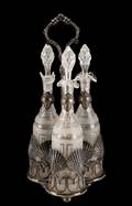 Fine Crystal  Silver 3 Bottle Decanter Set Caddy