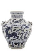 Chinese Squat Porcelain Jar w Tiger Mask Handles