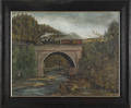 Oil on canvas primitive landscape with locomotive attributed to John Kane American 18601934 19th c