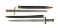 Asian iron mounted short sword with 12 14 blade and leather scabbard