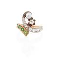 Art nouveau diamond demantoid garnet  pearl ring