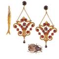 Antique gold bug fish pendants  garnet earrings