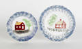 Two blue spatter plates with schoolhouses 19th c