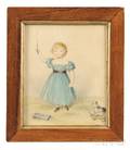 Framed Watercolor Portrait of a Redheaded Girl with a Pull Toy