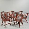 Set of Eight Redpainted and Giltdecorated Odd Fellows Chairs