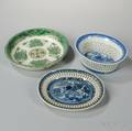 Canton Porcelain Reticulated Fruit Basket and Undertray and Green Fitzhugh Porcelain Bowl