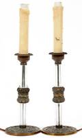 EUROPEAN BRONZE  CRYSTAL CANDLESTICKS PAIR
