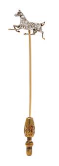 An Edwardian Platinum Yellow Gold Diamond and Ruby Horse Motif Stickpin