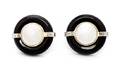 A Pair of 14 Karat Gold Onyx Mabe Pearl and Diamond Earrings