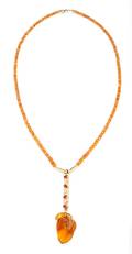 A 14 Karat Yellow Gold Spessartite Garnet Amber and Diamond Lavalier Necklace