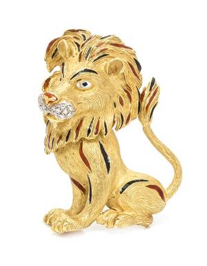 An 18 Karat Yellow Gold Diamond and Polychrome Enamel Lion Brooch Italian