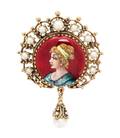 A 14 Karat Yellow Gold Polychrome Enamel and Cultured Portrait Miniature PendantBrooch