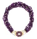 A Yellow Gold Amethyst Cultured Pearl MotherofPearl and Diamond Multi Strand Necklace