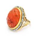 A Yellow Gold Seed Pearl and Agate Ring