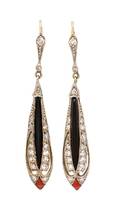 A Pair of Art Deco Platinum Topped Gold Onyx Coral and Diamond Earrings